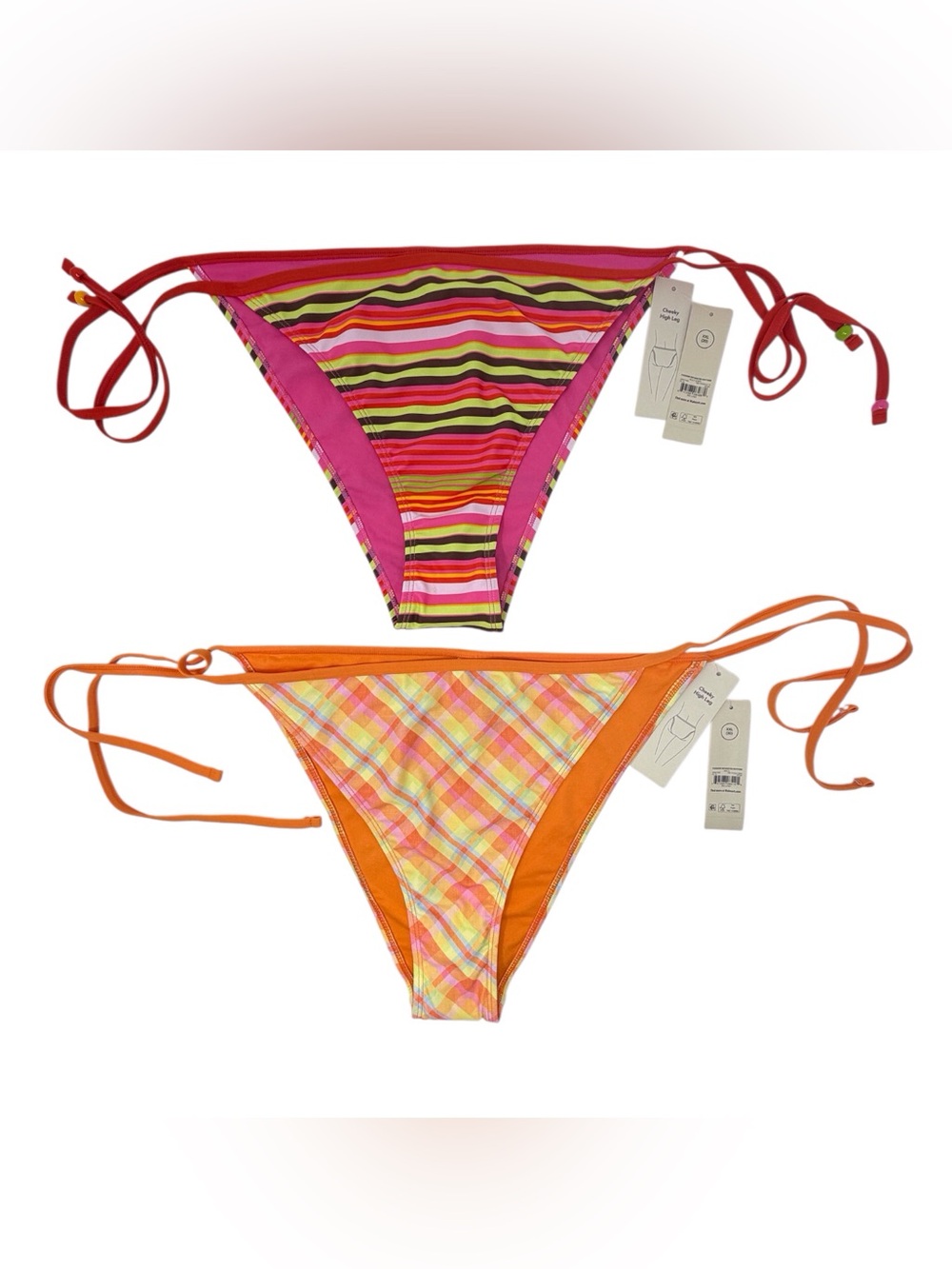 2 Cheeky Side Tie Bikini Bottoms high leg Striped/Plaid Pink/Orange Size XXL/20